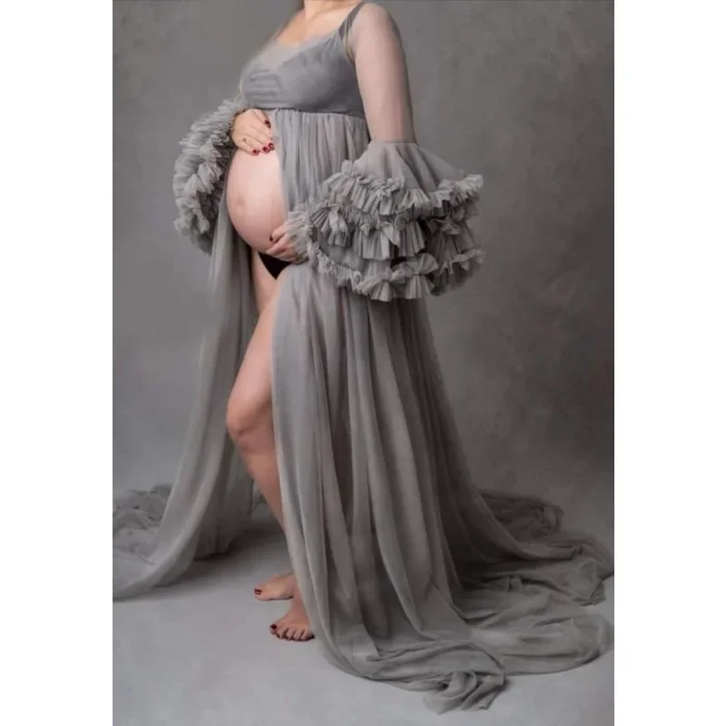 GREY Long Maternity Dress Photo Shoot Maternity Gown Pregnancy Dirty Pink Tulle Maternity Photos Shoot Dress With Train