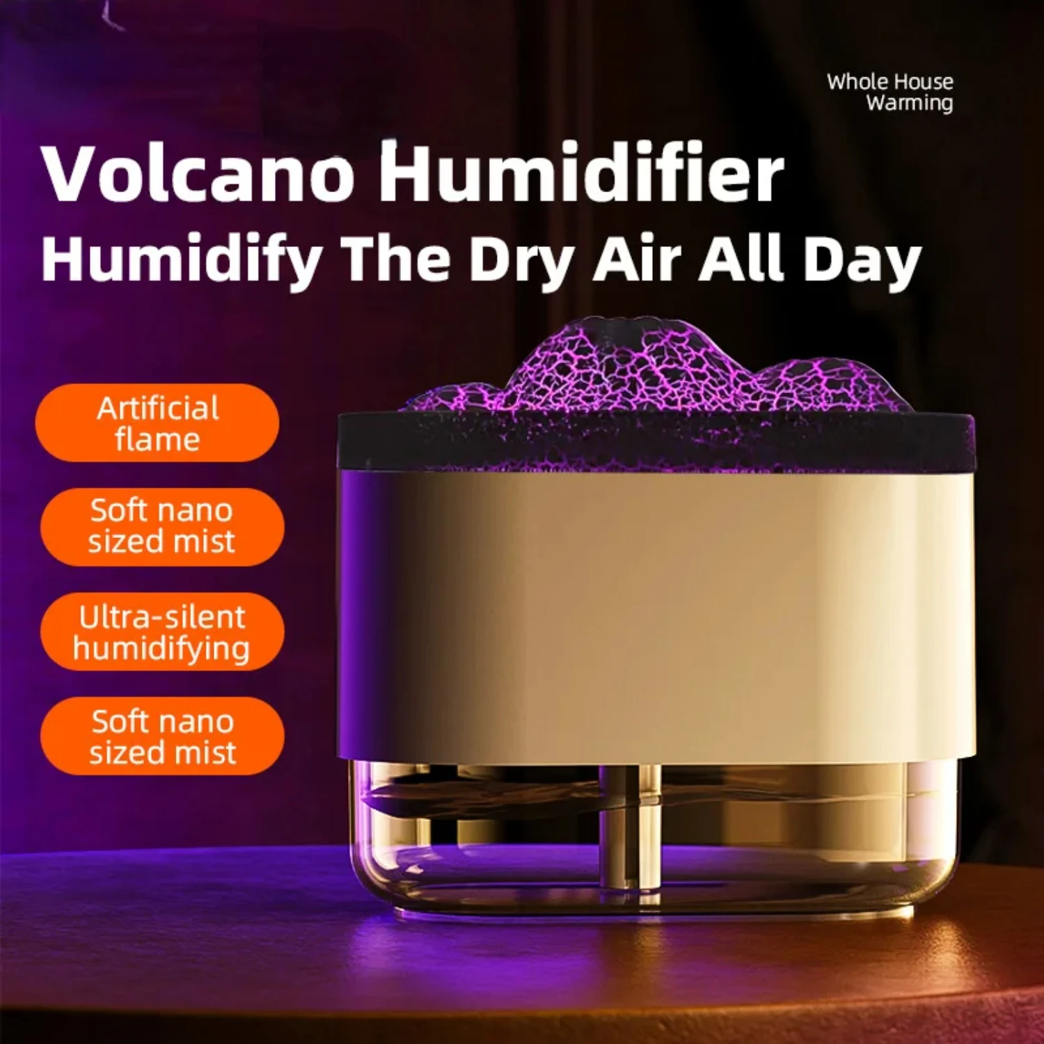 Cool Mist Ultrasonic Air Humidifier with LED Night Light - Volcano Essential Oil Diffuser Flame Lamp Maker Fogger - Difusor - Un