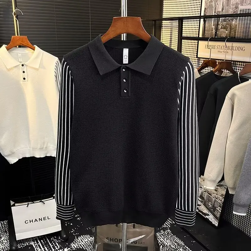 

Autumn Winter New Sle Lightweight Luxury Striped Knitwear Casual Collar Men's Korean Version Splicing Pattern Long Sve