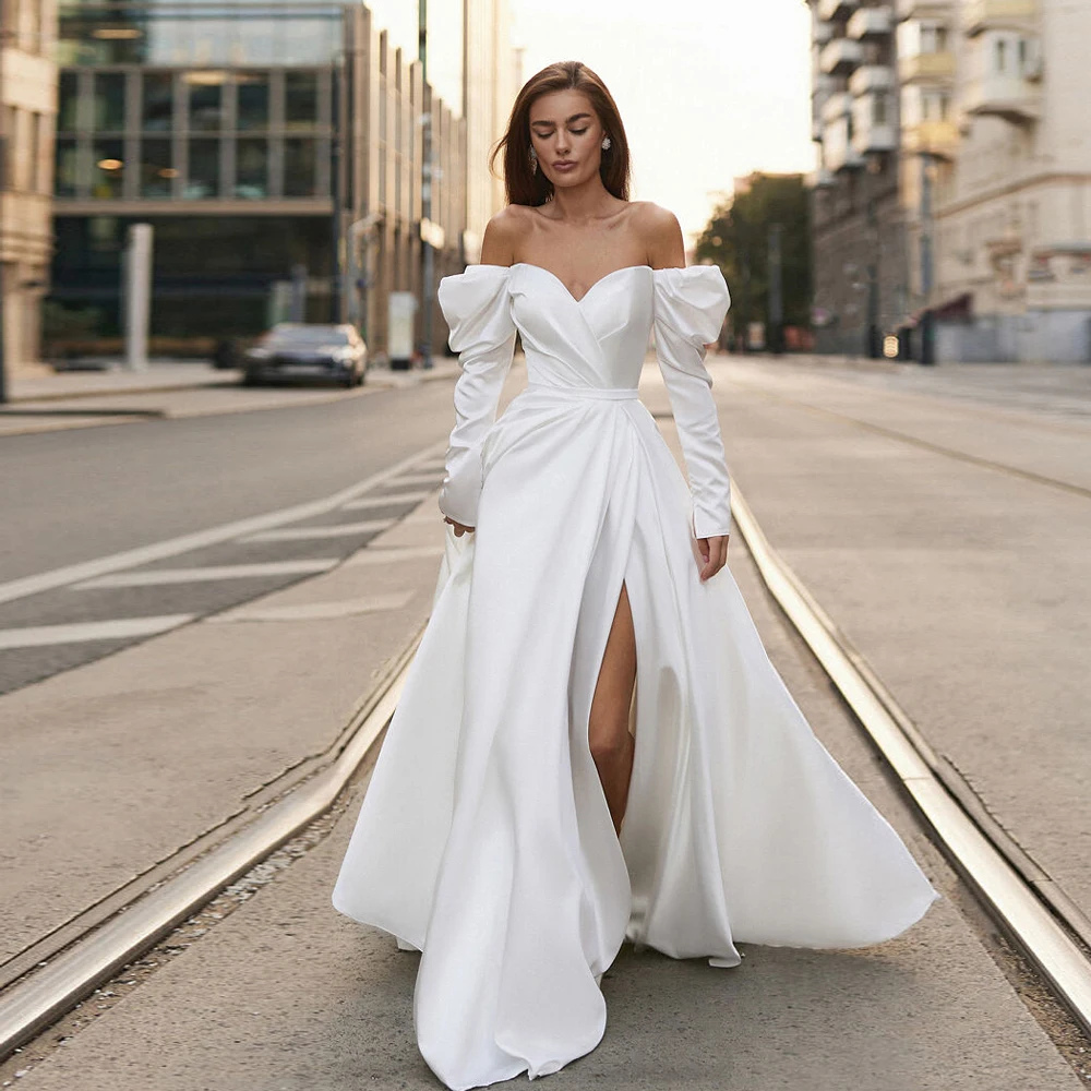 Customized Side Slit Wedding Dresses with Jersey New 2025 Ivory Strapless Full Sleeve Bridal Gowns Women Summer Vestido De Novia