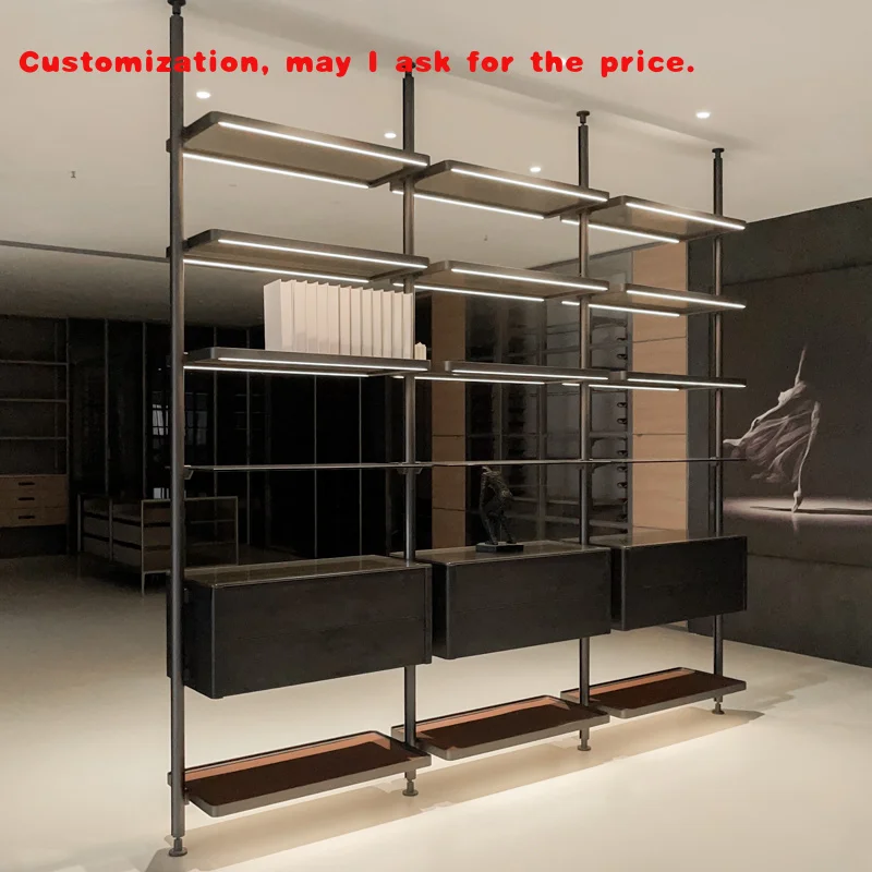 

На заказ. Книжные полки Книжные шкафы Современный минималистский роскошный металлический алюминий на заказ со системой светового столба Гостиная Спальня