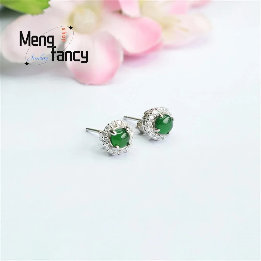 S925 Silver Natural Jadeite In Ice Type Imperial Green Earrings Exquisite Elegant Simple High-grade Luxury Quality Fine Jewelry