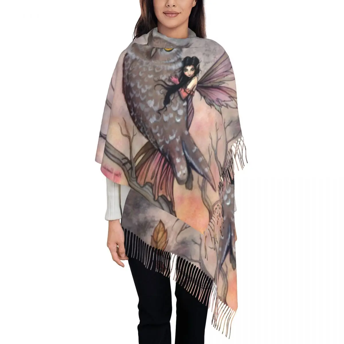 

Friendship Fairy And Owl Tassel Scarf Women Soft Molly Harrison Shawls Wraps Ladies Winter Scarves