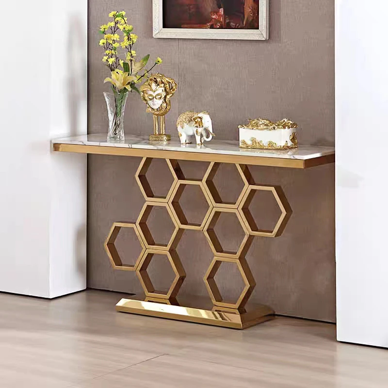 

Modern Narrow Geometric Metal Base Entryway Table Light Luxury Slate Table Top Console Table