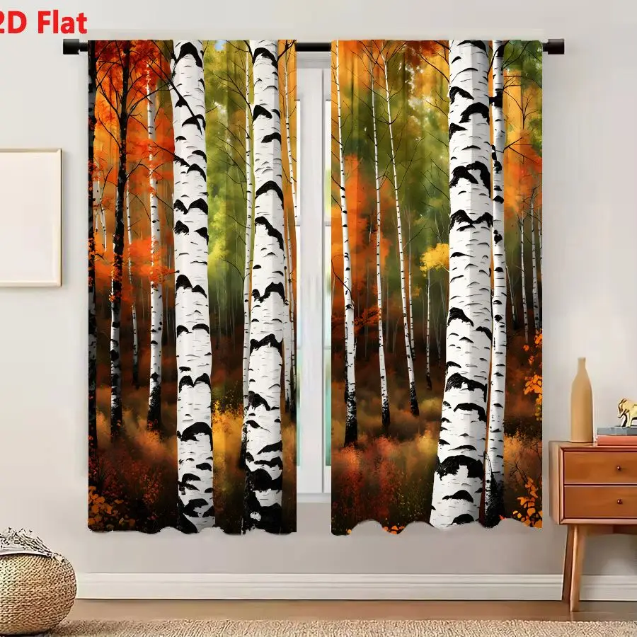 2Pcs Curtains 2D Flat Vibrant Autumn Forest With Birch Trees And Colorful Foliage Window Drapes for Bedroom Room Decor Decoratio