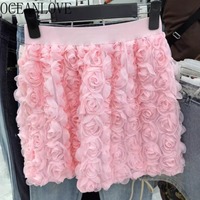 OCEANLOVE 3D Flowers Bud Skirts Women Solid Spring Summer Vintage Sweet Mini Skirt Korean Fashion Higy Waist Faldas Mujer