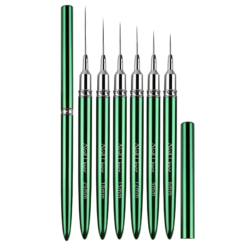 แปรงเพ้นท์ลายเส้น ขนาด 6/9/12/15/18/25 มม. ด้ามโลหะสีเขียว สำหรับงานศิลปะ DIY วาดเส้น ลายเส้น ดอกไม้ ปากกาเพ้นท์ แปรงเจล UV