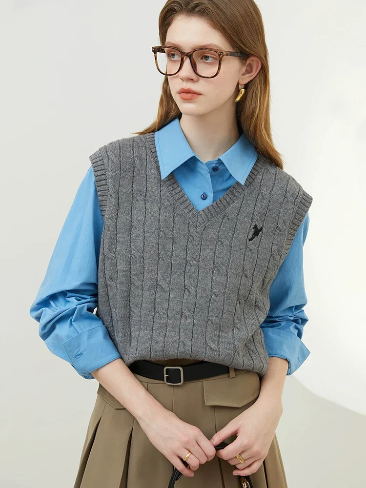 FSLE 14.3% Wool Women Preppy Style Knitted Vests 2023 Spring Layered Vest V-Neck Shirt Embroidered Design Women Pullover Vests