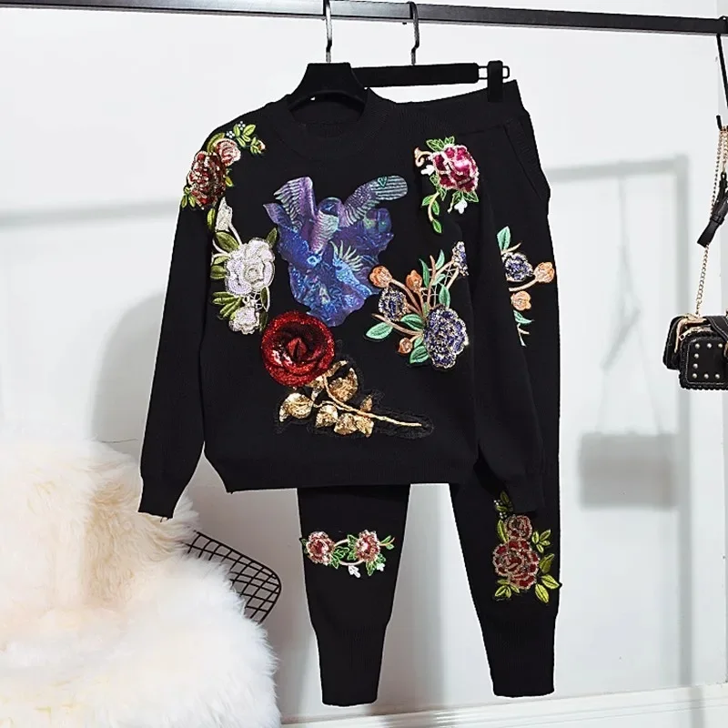 

Heavy Work Sequins Flower Knitted Tracksuits Women Outfits Loose Casual Black Pullover Sweater Pencil Pants Two Piece Set Female