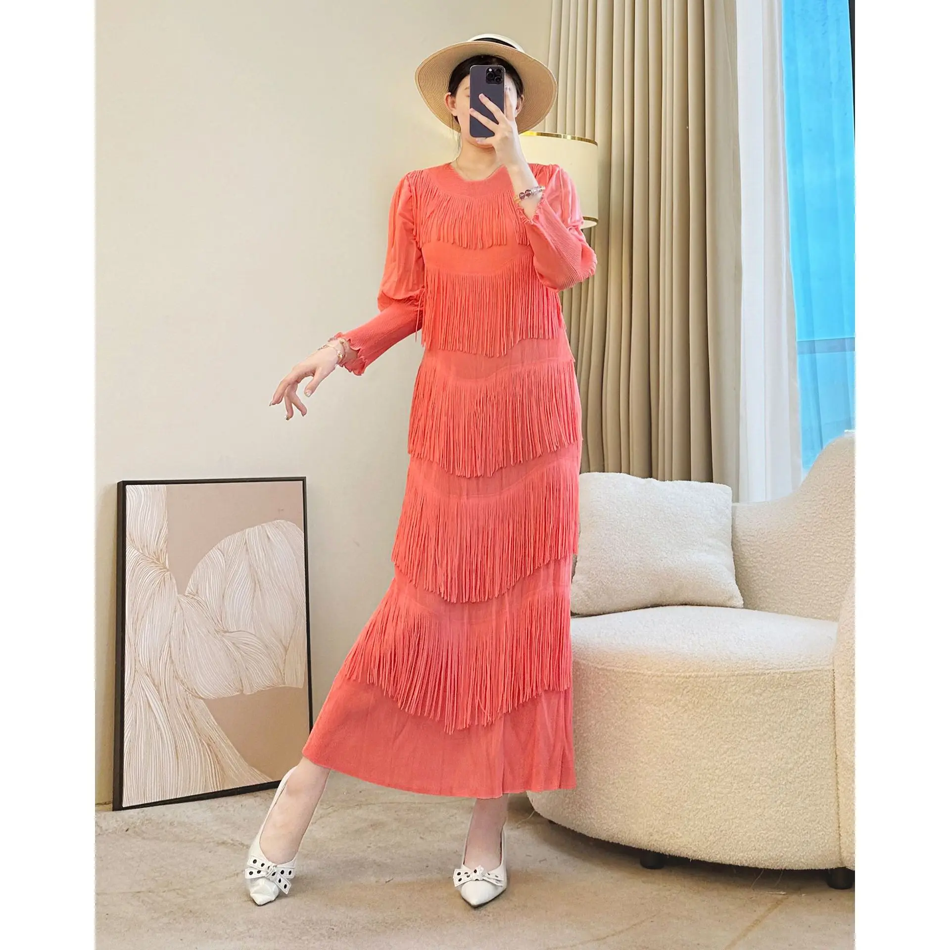 Miyake drapeado vestido plissado feminino outono moda multi camada borlas manga longa puff alta estiramento solto robe roupas de festa