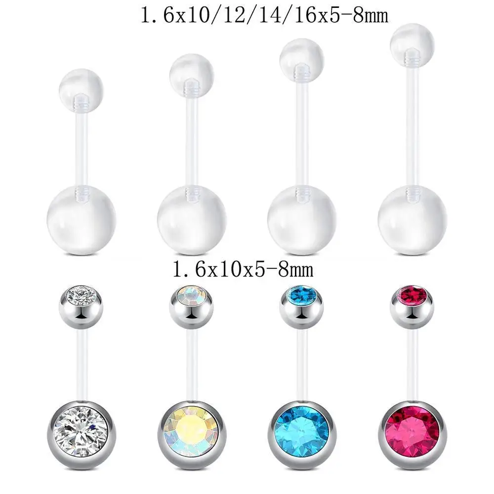 1/8Pcs Set Clear Belly Button Rings Bioflex Acrylic Bar Belly Ring Curved Barbell Navel Piercings Retainers for Work Surgery