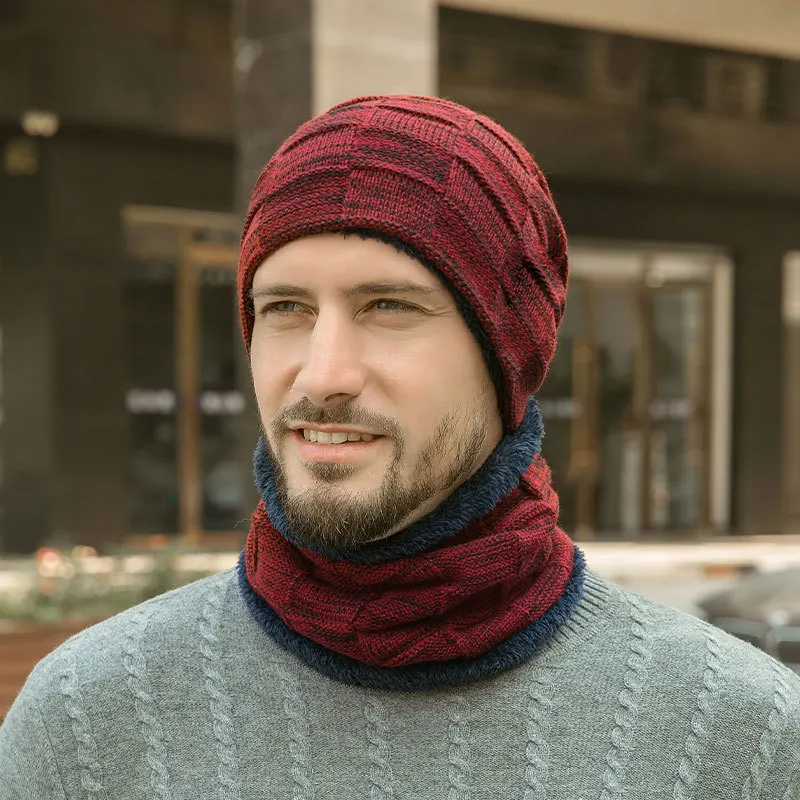 Conjunto de bufanda de lana para hombre, gorro de lana con forro polar, polaina de cuello de punto, diseño a cuadros de Color sólido, invierno,