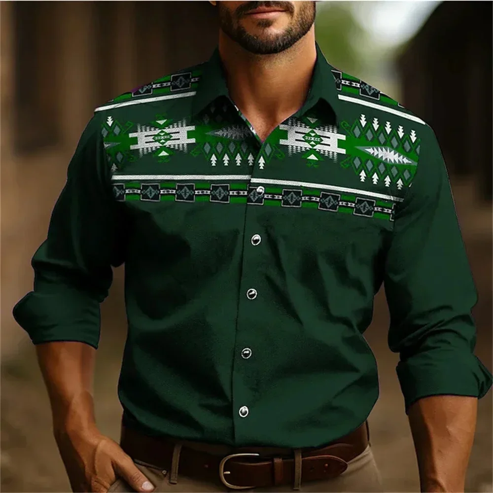 Hot selling men\'s retro Western style printed shirt for outdoor play, comfortable and soft fabric, creative cardigan shirt