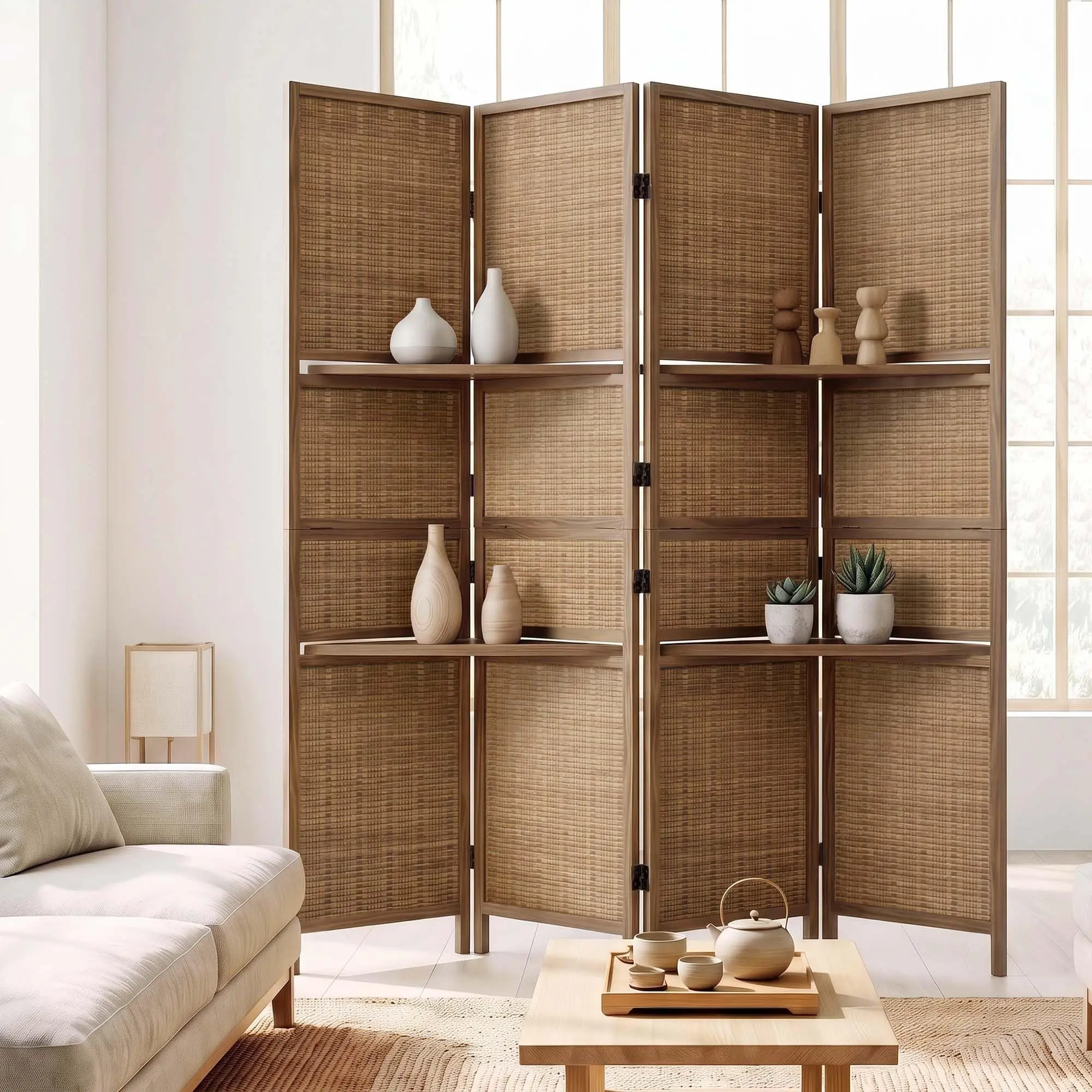 Bamboo Room Divider with 2-Tier Shelves, 4 Panel, 63 x 67 in, Brown | Bamboo room divider with 2-tier shelves for