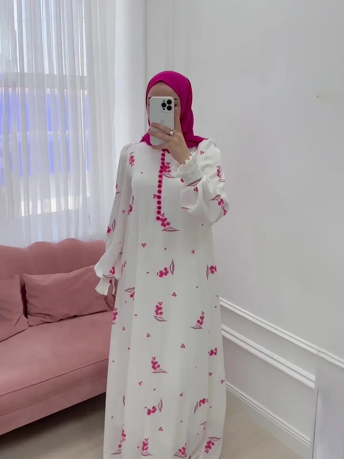 Eid มุสลิมชุดผู้หญิงหวานพิมพ์ชุดยาวปุ่ม Ramadan โมร็อกโก Vestidos Largos ดูไบตุรกี Robe Jalabiya 2025