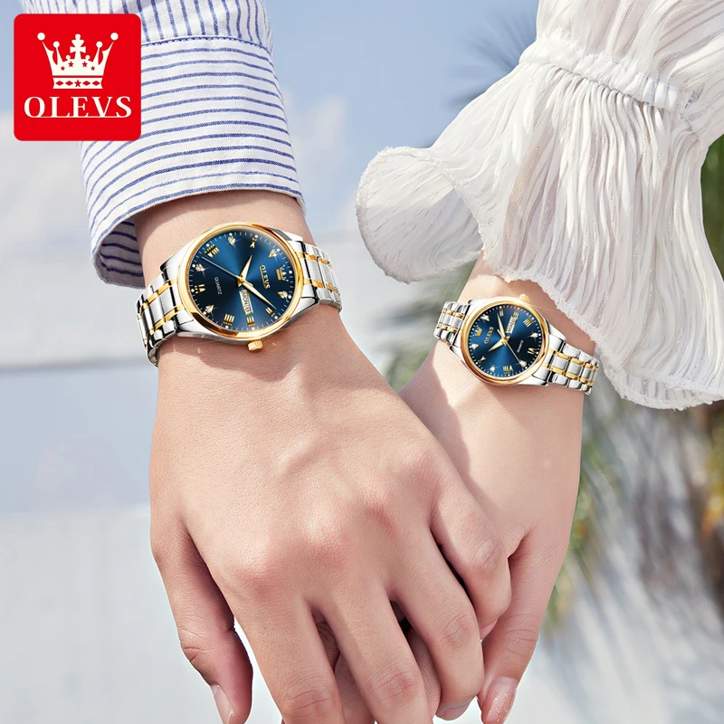 OLEVS 5563 New Golden Diamond-encrusted Quartz Watches For Couple Stainless Steel Strap Fashion Waterproof Lover\'s Wristwatches