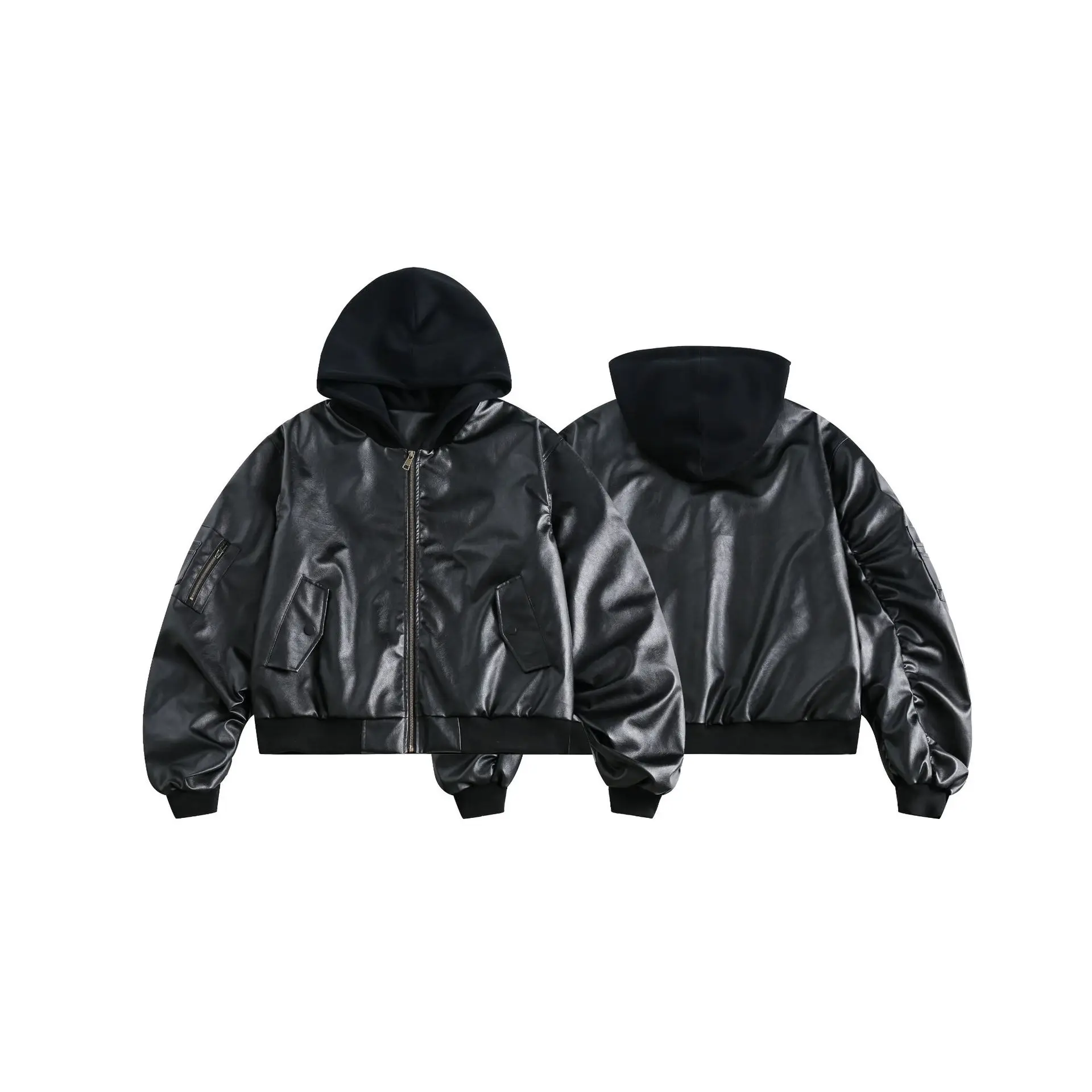 Autumn Winter Oversized Cool Black Thickened Warm Pu Leather Bomber Jacket Men Hood Luxury  Clothes