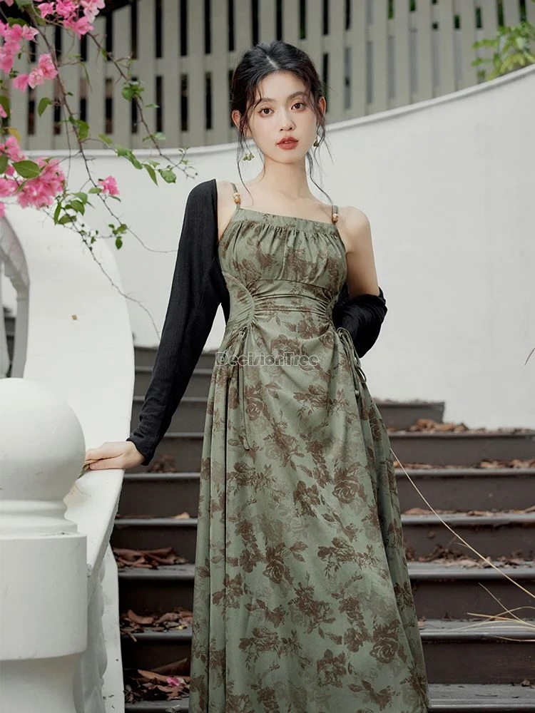 2024 new chinese style modern daily hanfu set temperament waist cinching printing suspended dress solid color versatile cardigan