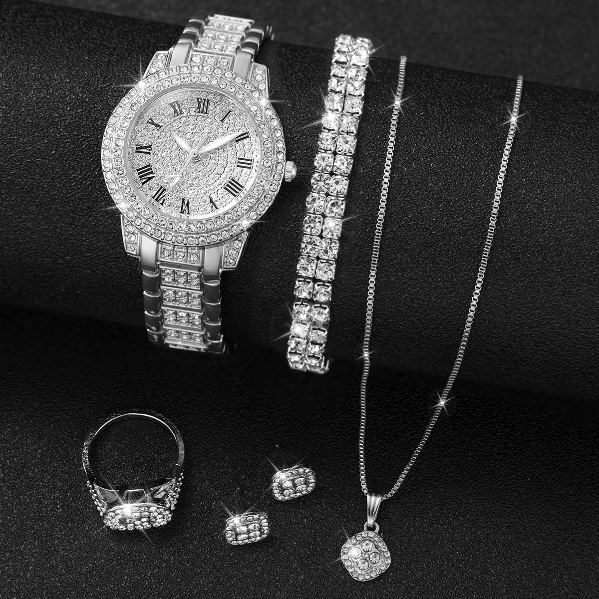 Full diamond silver shell Roman dial women's steel strap watch square rhinestone jewelry five piece set, not including gift box view 3