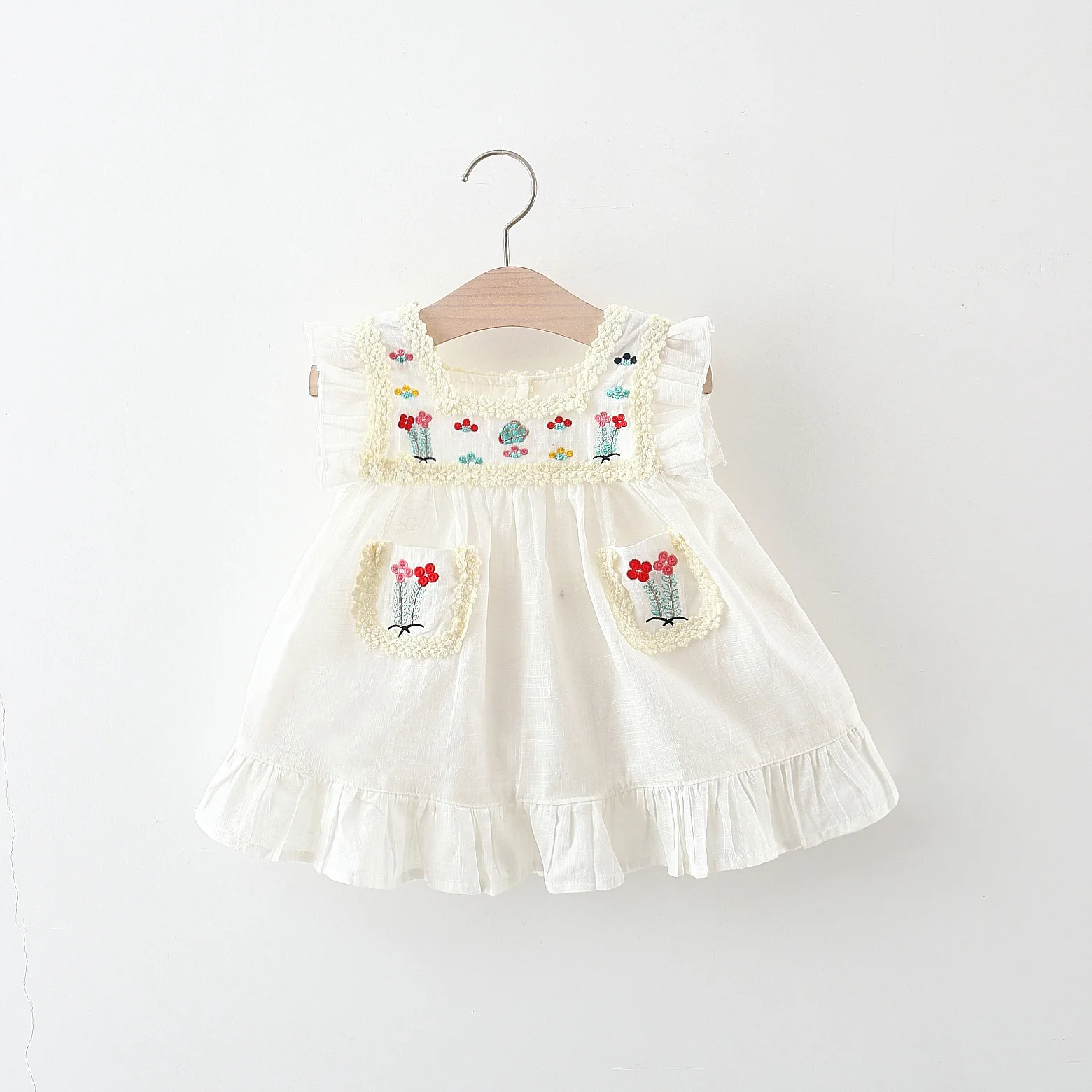 Summer New Full Body Embroidered Colorful Little Flower Flying Sleeve Dress For Girls Korean Cotton Dress