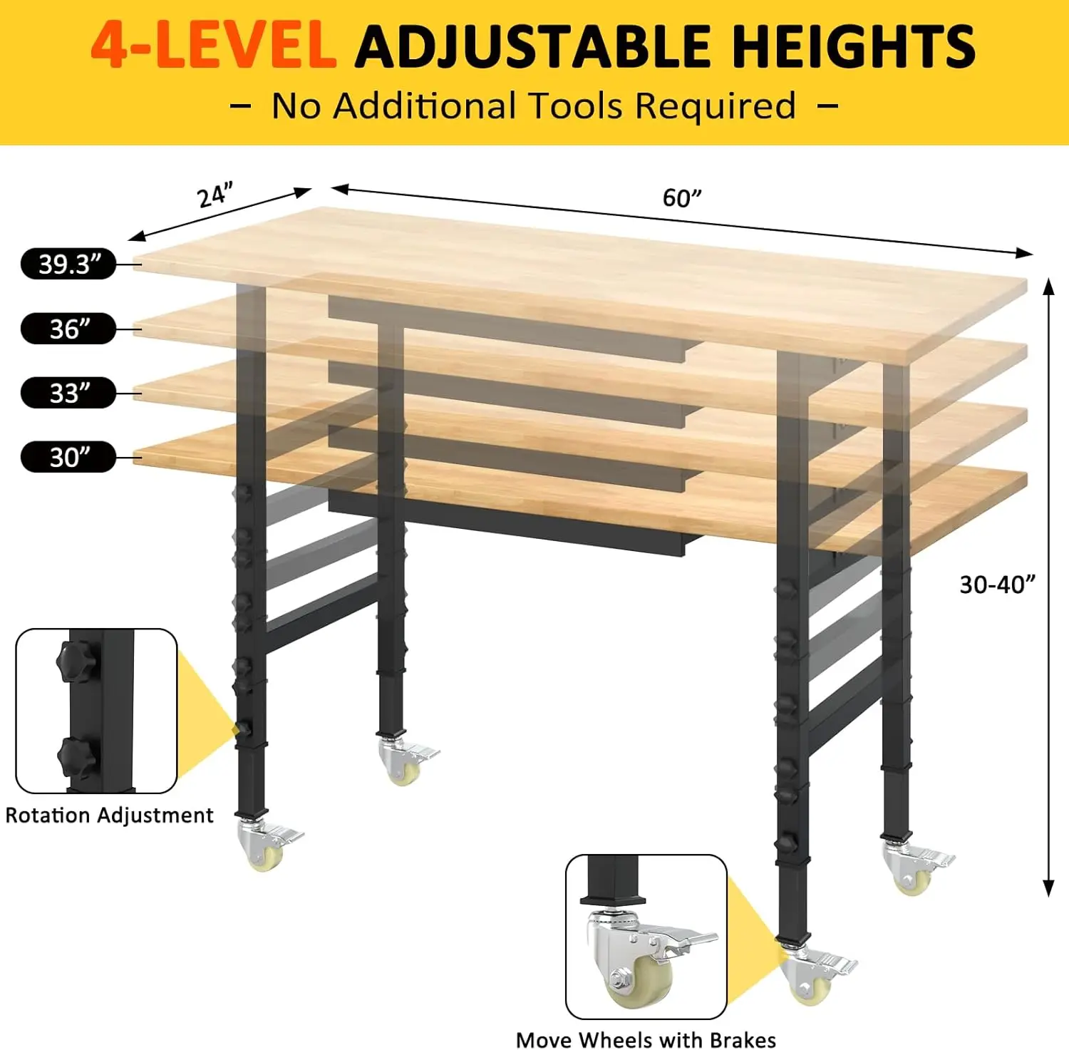 Rubberwood werkbank met lades, robuuste verstelbare werkbank met stopcontact en wielen,