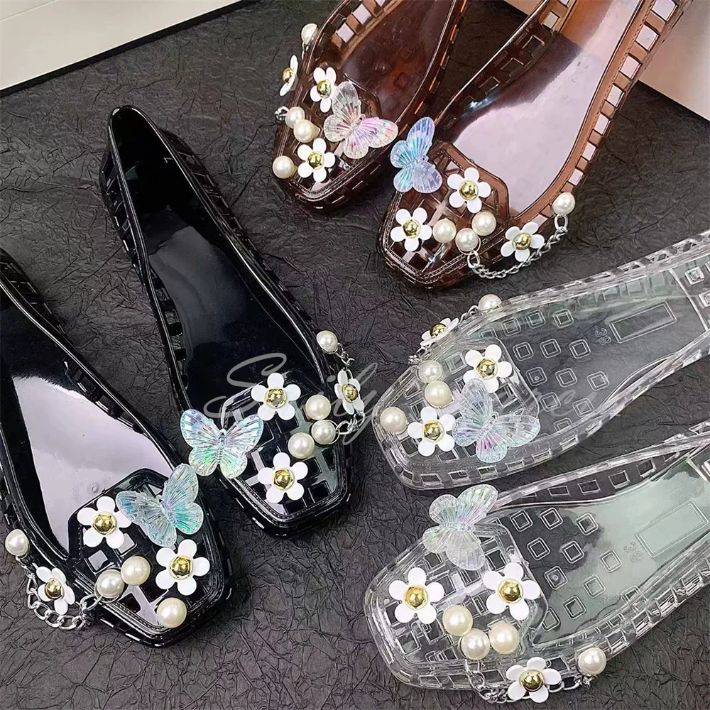 

Shallow Mouth Versatile Flower Jelly Shoes for Women Anti Slip Soft Sole Sequined Flower Decoration Casual Trendy Single Shoes