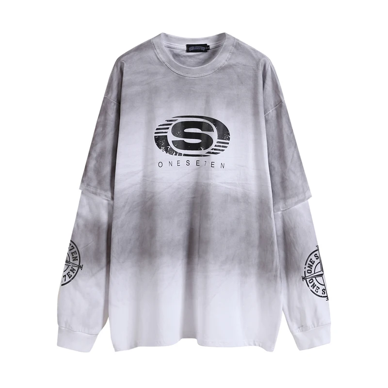 Fake Two Items Washed Long Sleeve T-shirt Chest Big Ellipse S Logo Tee Double Sleeve Star Shield Pattern T Shirt for Men Women