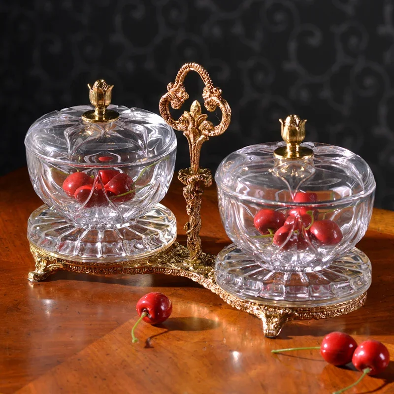 Brass or bronze household decorative fruit bowl with lid for hotel villa home accessories, crystal fruit bowl with clear fancy