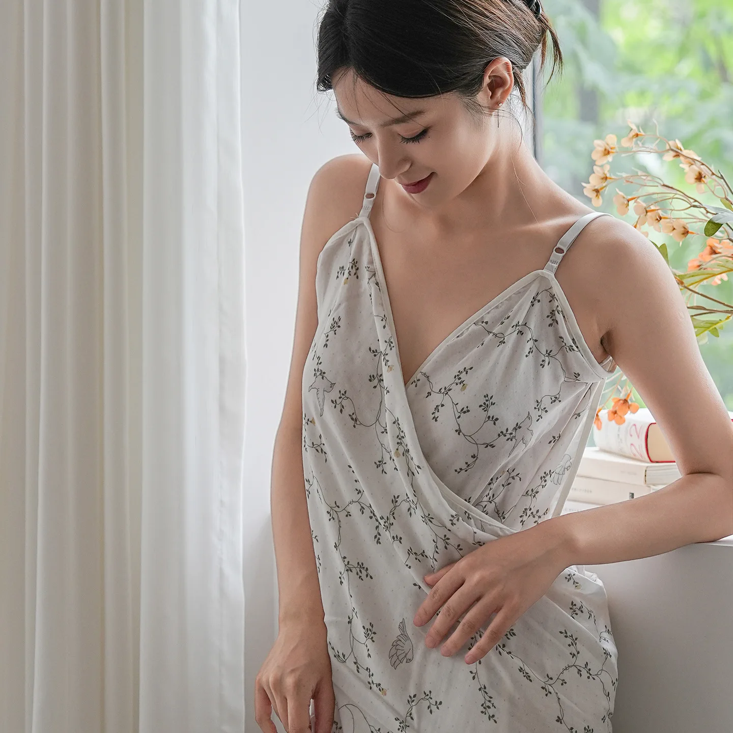 Bamboo Cotton Wearable Bathrobe Women Backless Strappy Sleep Dress One Piece Wrap Beach Towel Floral Print Class A Multi Size