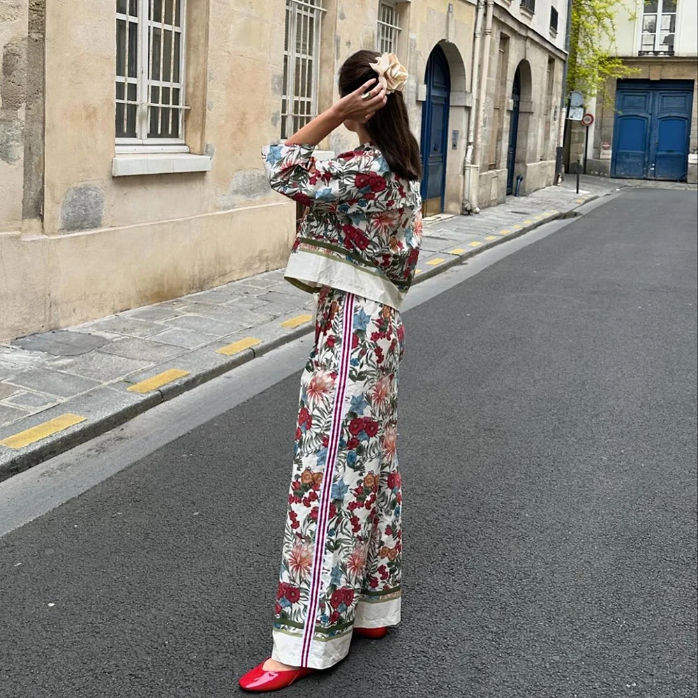 PB&ZA 2024 summer new European fashion print casual suit women\'s loose long-sleeved shirt wide-leg pants two-piece set