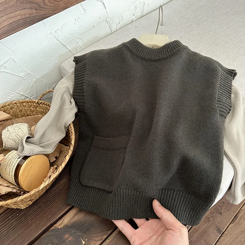 2023 New Fashion Solid Colors Kids Vest Children Knitted Vest Autumn Winter Korean Sleeveless Sweater  boys vest