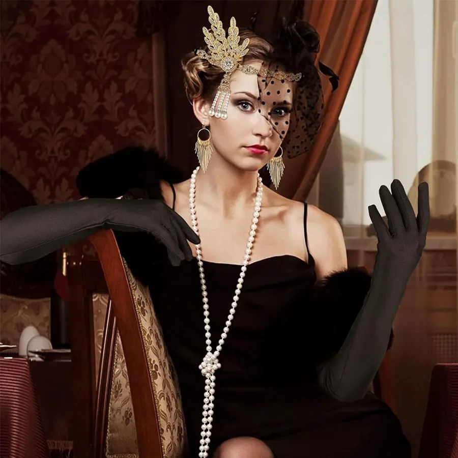 

1920s Vintage Accessories Set Gatsby Party Pearl Necklace Vintage Cigarette Holder Earrings Long-Gloves Bracelet-Kit