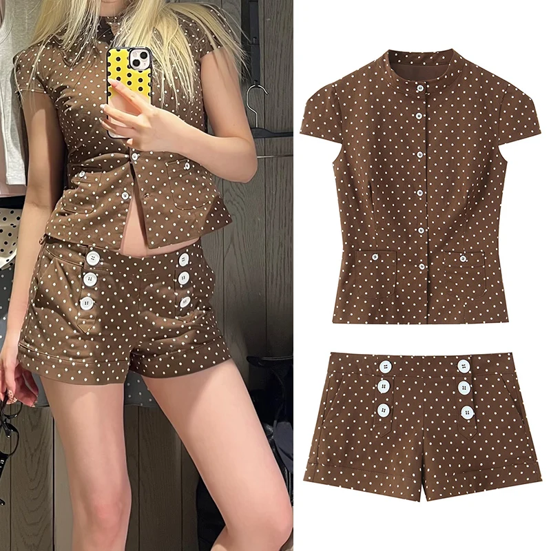 

Women's Set 2026 New Fashion Spring Summer Brown Polka Dot Poplin Set for Women Casual Chic Personality Female Mini Shorts Set