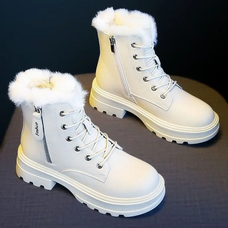 

Snow Boots Women 2024Winter Fashion Plush Warm White Ladies Boots High Top Waterproof Non-slip Leather Boots Zapatillas De Mujer