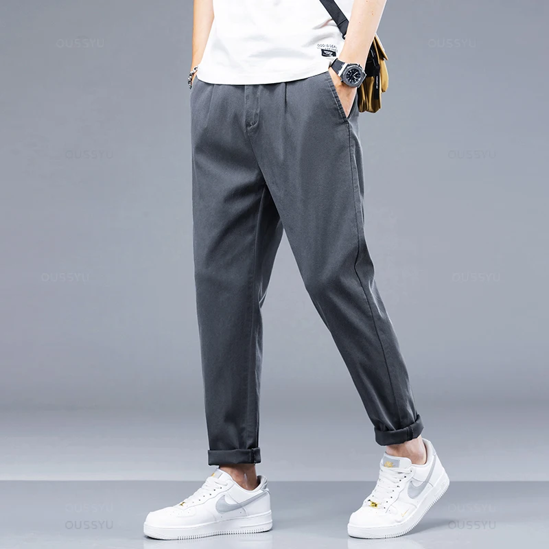 New Summer Soft Cosy Breathable Lyocell Fabric Casual Pants Men Thin Slim Elastic Waist Korea Jogger Work Wine Red Trousers Male