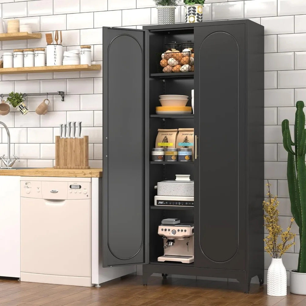 Pantry Cabinet, 75 Inch Tall Kitchen Storage Cabinet, Metal Pantry Cabinet with Doors and Adjustable Shelves, Black Food Cupboar