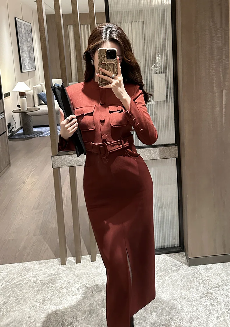 

Women's Clothing Elegant Fashion Formal Dresses Professional Long Sleeve Pockets Belt Slit Robe Business Work Syle Retro Vestido