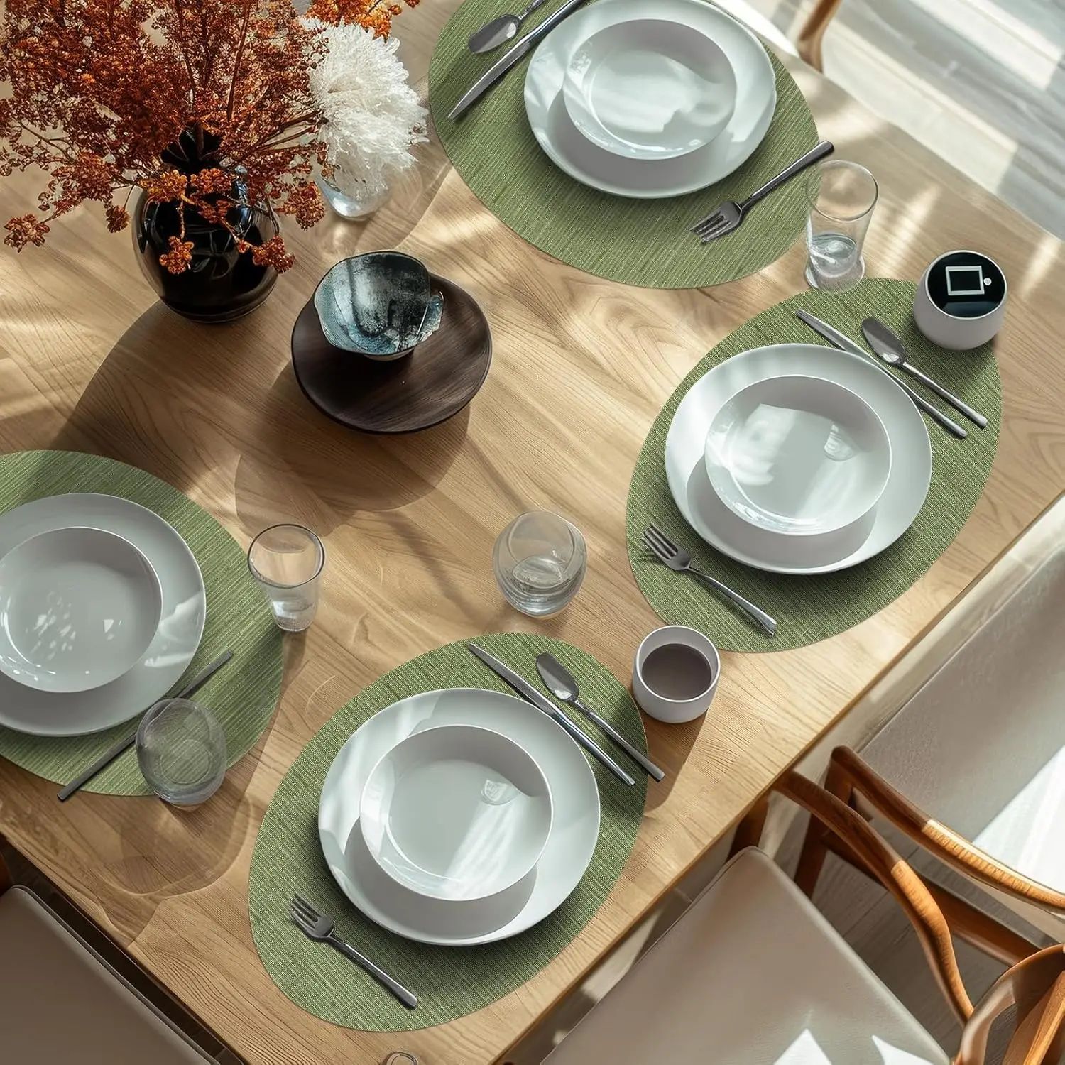 1/6/10PCS Bamboo Placemats Spring Green Woven Oval Placemats - Reusable, Stain-Resistant, Indoor/Outdoor Tabletop Protection