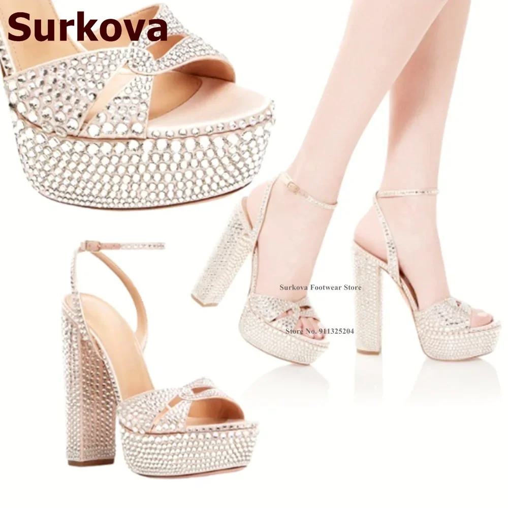 Surkova Emerald Green Bling Bling Sandals Women Luxury Rhinestone Chunky Heel Platform Wedding Shoes Buckle Strap Dress Pumps