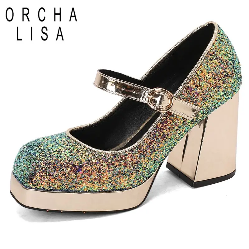 

ORCHA LISA 2025 Новый дизайн Женские туфли-лодочки на массивном каблуке 9,5 см Платформа 2,5 см с пряжкой и ремешком Bling Mary Janes Туфли размера плюс 43 44 45