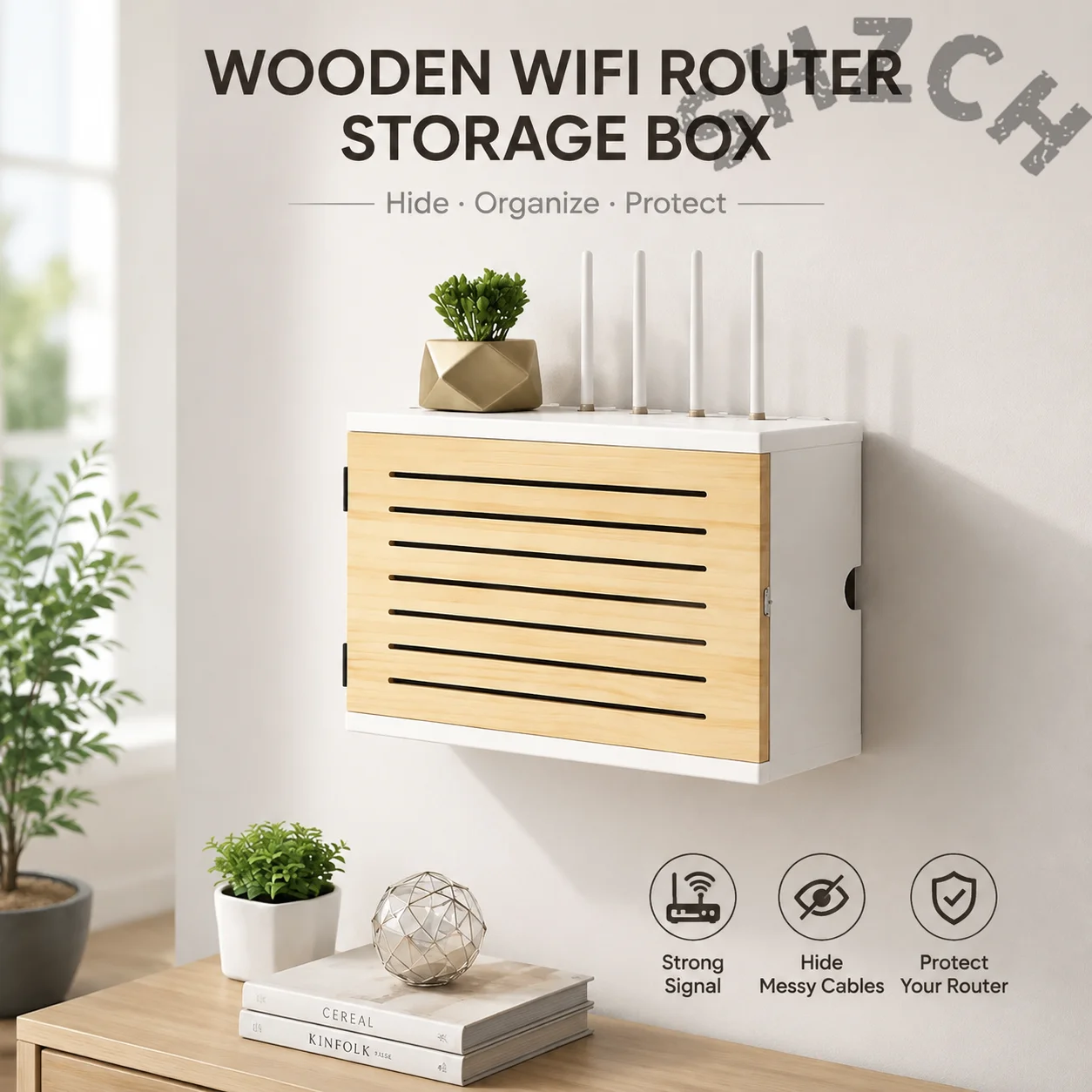 Wall-Mounted Wooden Router Storage Box with Cable Management for WiFi Modem – Decorative Home Organizer Shelf