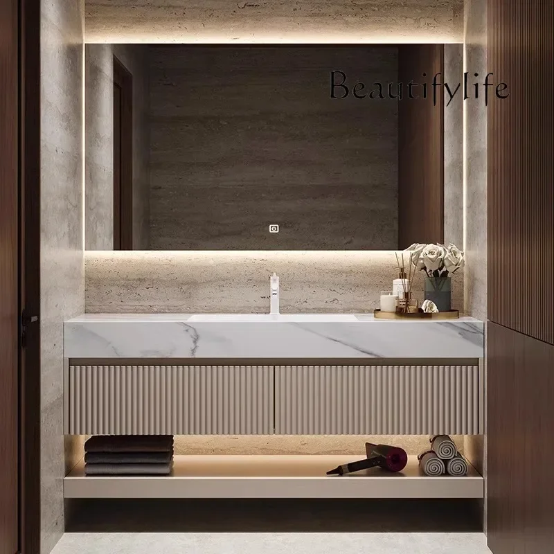 

French rock slab hot bending integrated basin oak cabinet combined bathroom washstand designer high sense