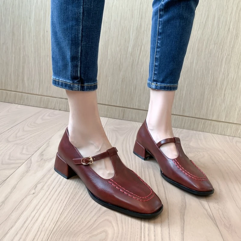 BLXQPYT 2022 Fashion Women Big Size 34- 43 Leather Pumps Square Toe Buckle Strap Casual Party Single Ladies Lolita Shoes 2021