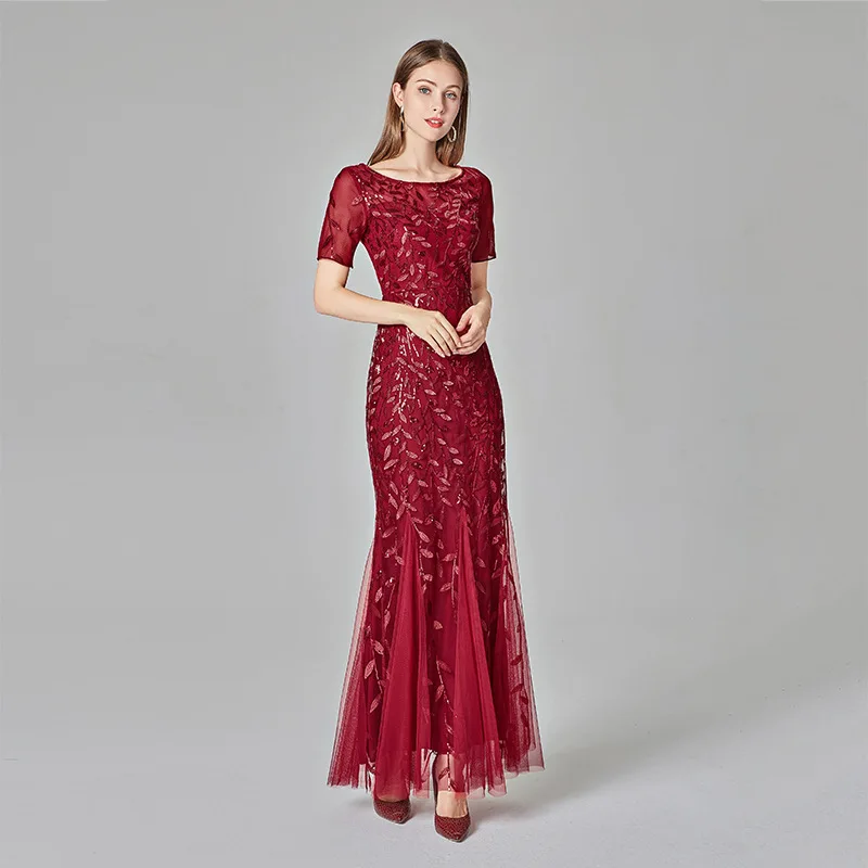 Spring/Summer 2025 Banquet Host European and American Slimming Mesh sequin Evening Dress Elegant Fish Tail Dress Female