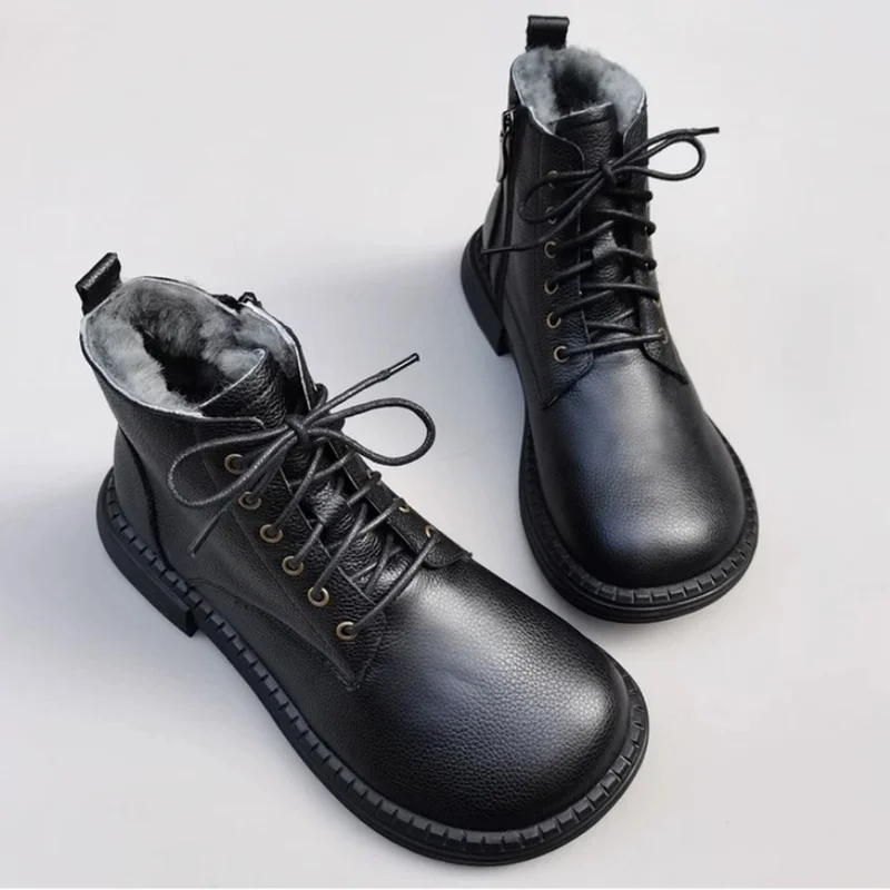 Real Leather Pure Wool Men's Boots big-head wide Version Snow Boots Warm Leather Boots Winter Handmade Cotton Boots