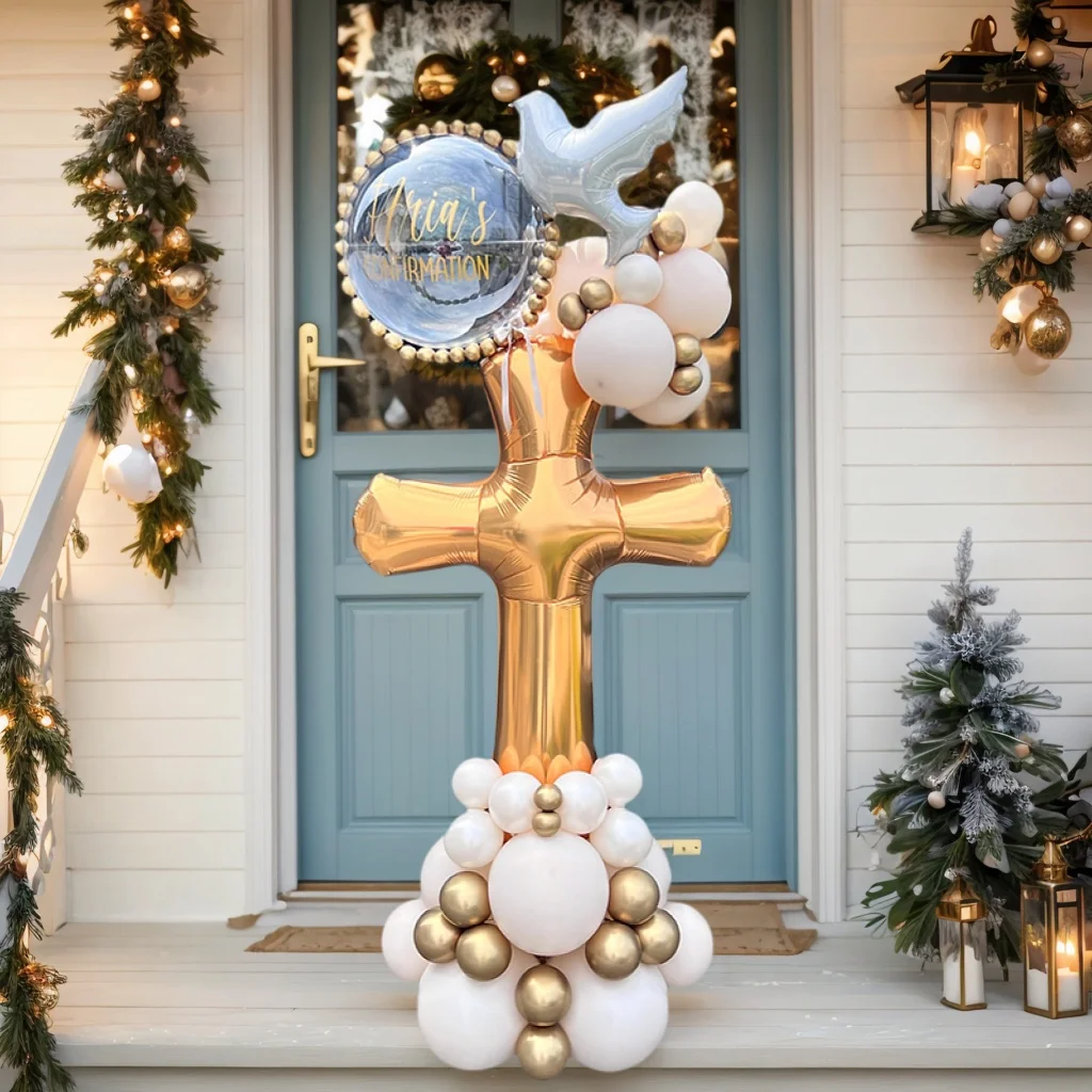 40pc/setGolden Cross Balloon Bouquet  Confirmation Celebration Elegant White Decor Perfect for Religious Events Special Occasion