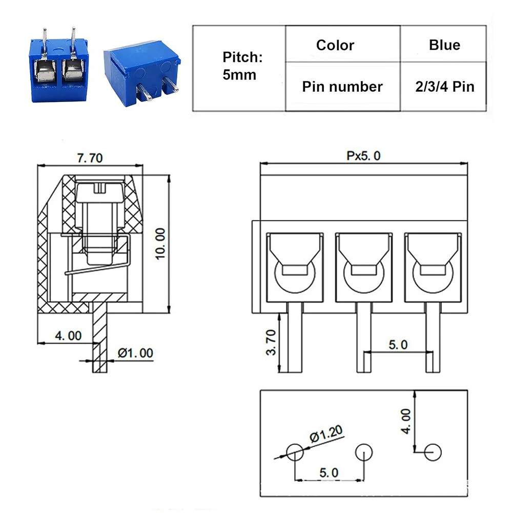 

100Pcs KF301-2P/3P/4P Screw Terminal Block Connector 5mm Pitch Spliceable PCB Terminal Block Connector for Breadboard PCB Board