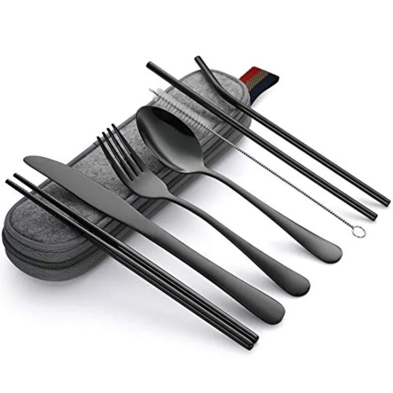 Tableware Reusable Travel Cutlery Set Camp Utensils  with Stainless Steel Spoon Fork Chopsticks Straw Portable Case