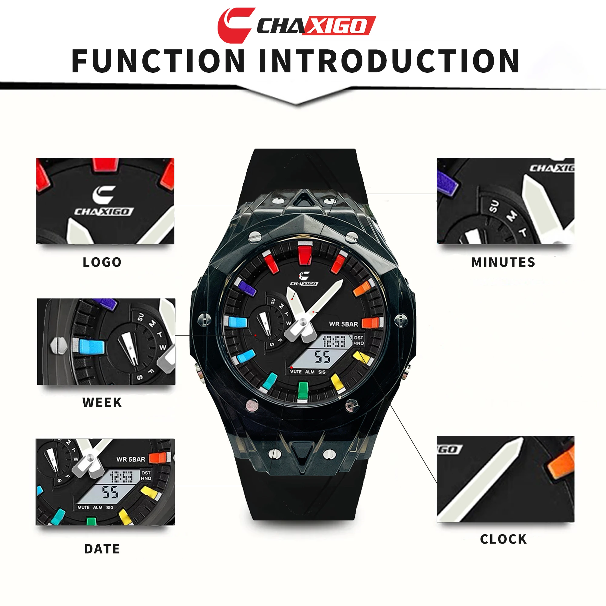 

CHAXIGO Multifunctional Electronic TPU Strap Watch, Transparent PC Design, Environmentally Friendly Luminous, Waterproof Quartz