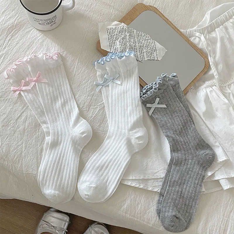 

Ballet Style Cute Bowknot Ruffle Edge Pile Socks Women Korean Lolita Middle Tube Socks Thin Breathable Mesh Crew Socks Y2K Sweet